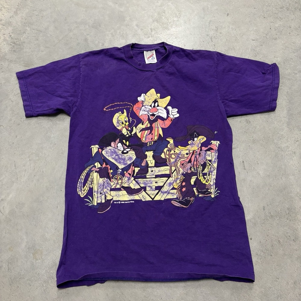 Vintage 1996 Looney Tunes Taz Daffy Bugs Bunny Purple Shirt Cowboy Jerzees Sz M